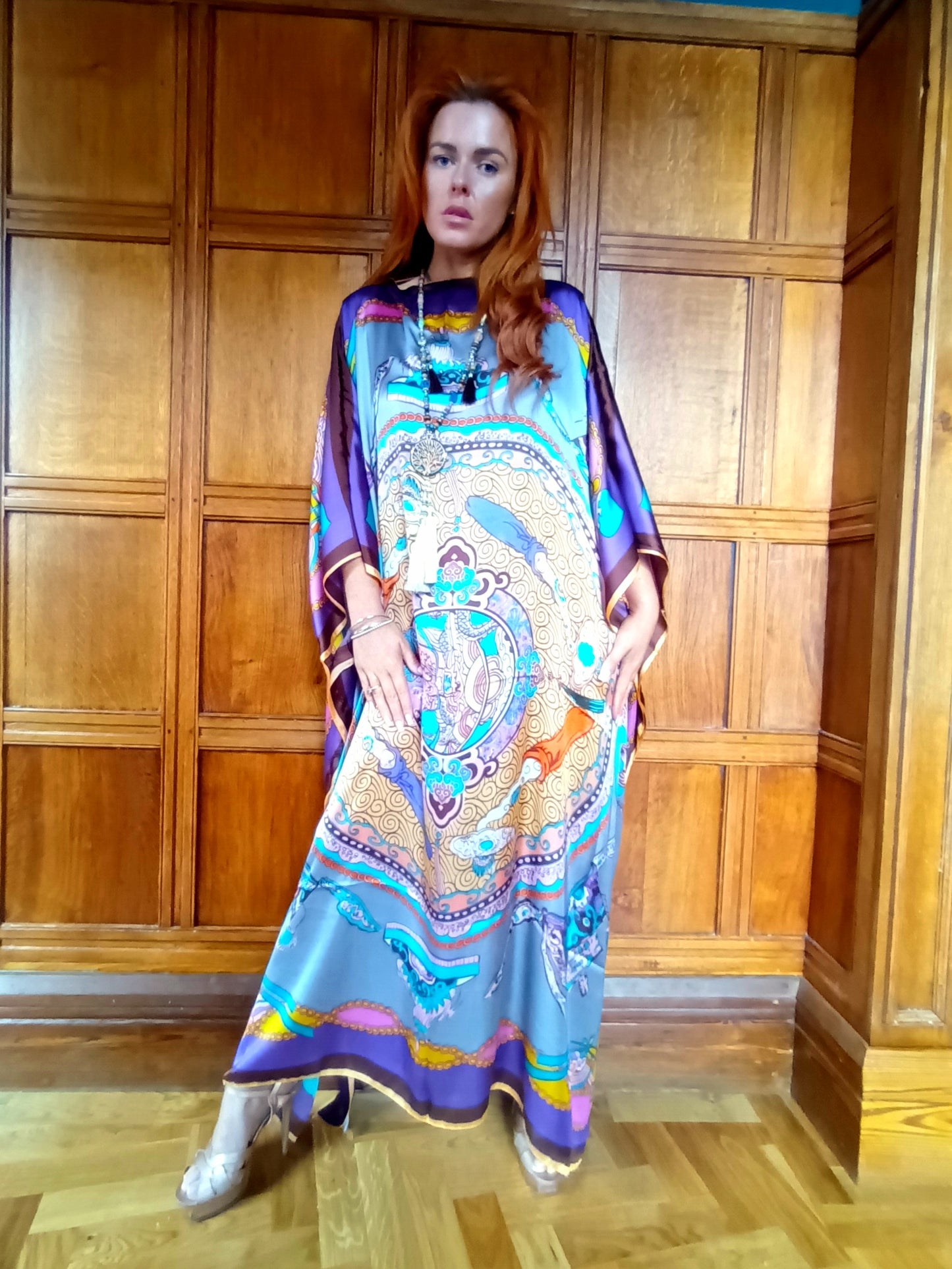 'PALOMA'S KAFTAN' STUNNING LUXURIOUS SILK MIX KAFTAN/DRESS IN 60'S STYLE PRINT PURPLE MIX