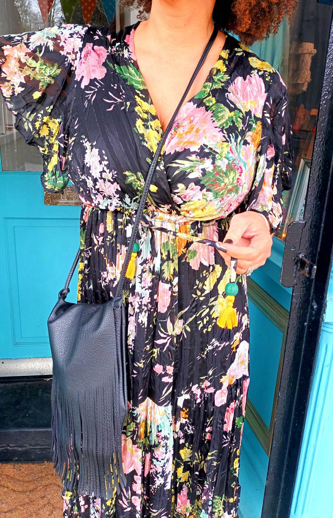 'ELEANOR' FLORAL ANGEL SLEEVE SWISHY HEM MIDI DRESS BLACK MULTI