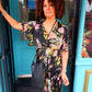 'ELEANOR' FLORAL ANGEL SLEEVE SWISHY HEM MIDI DRESS BLACK MULTI