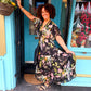 'ELEANOR' FLORAL ANGEL SLEEVE SWISHY HEM MIDI DRESS BLACK MULTI