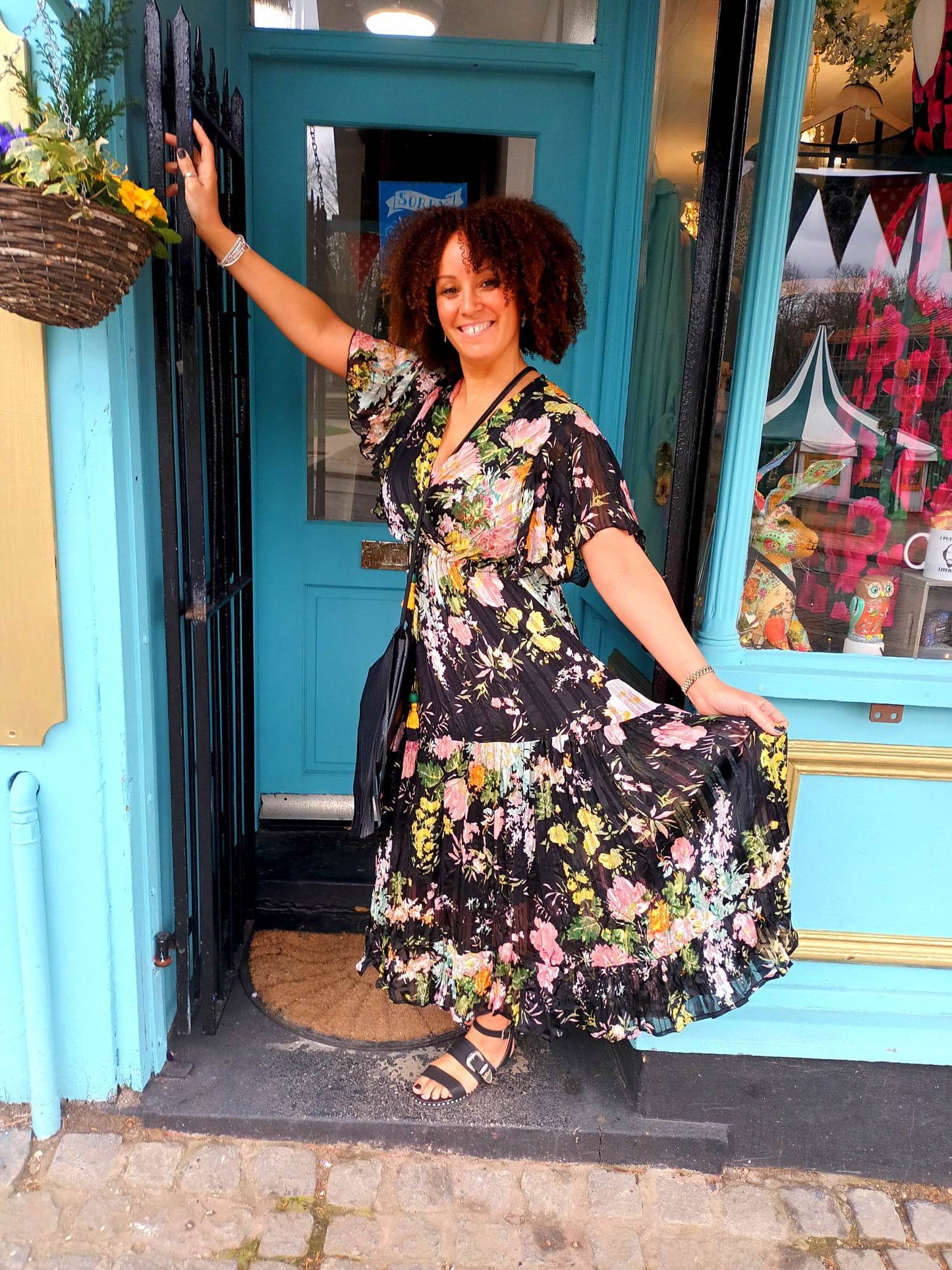 'ELEANOR' FLORAL ANGEL SLEEVE SWISHY HEM MIDI DRESS BLACK MULTI
