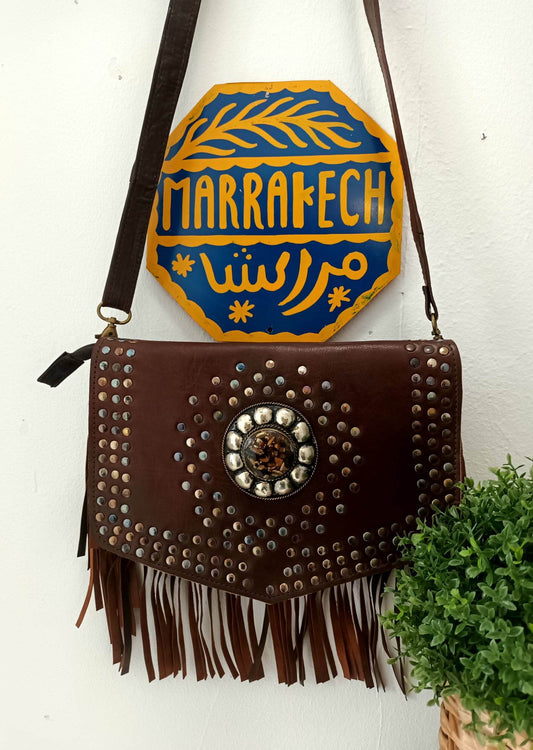 'SARAH' MARRAKECH COLLECTION 100% LEATHER STUDDED, FEATURE FRONT FRINGED BAG IN BROWN
