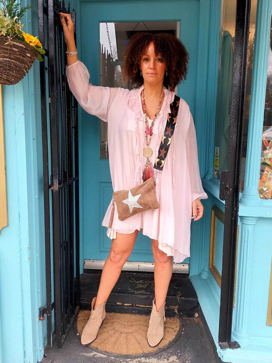'MARITZA' WATERFALL RUFFLE FRONT FLOATY SILK MIX OVERSIZED TUNIC/DRESS BLUSH
