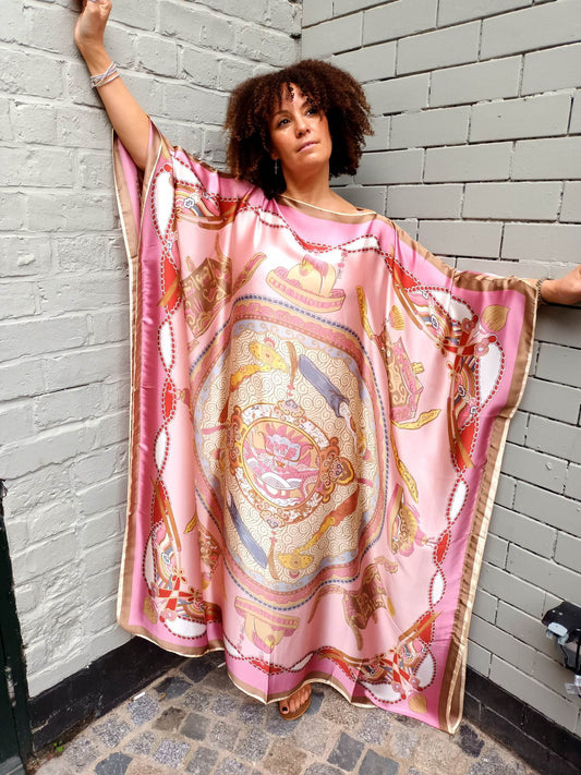 'PALOMA'S KAFTAN' STUNNING LUXURIOUS SILK MIX KAFTAN/DRESS IN 60'S STYLE PRINT PINK MIX