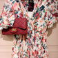 'ELEANOR' FLORAL ANGEL SLEEVE SWISHY HEM MIDI DRESS WHITE/RAINBOW COLOURS