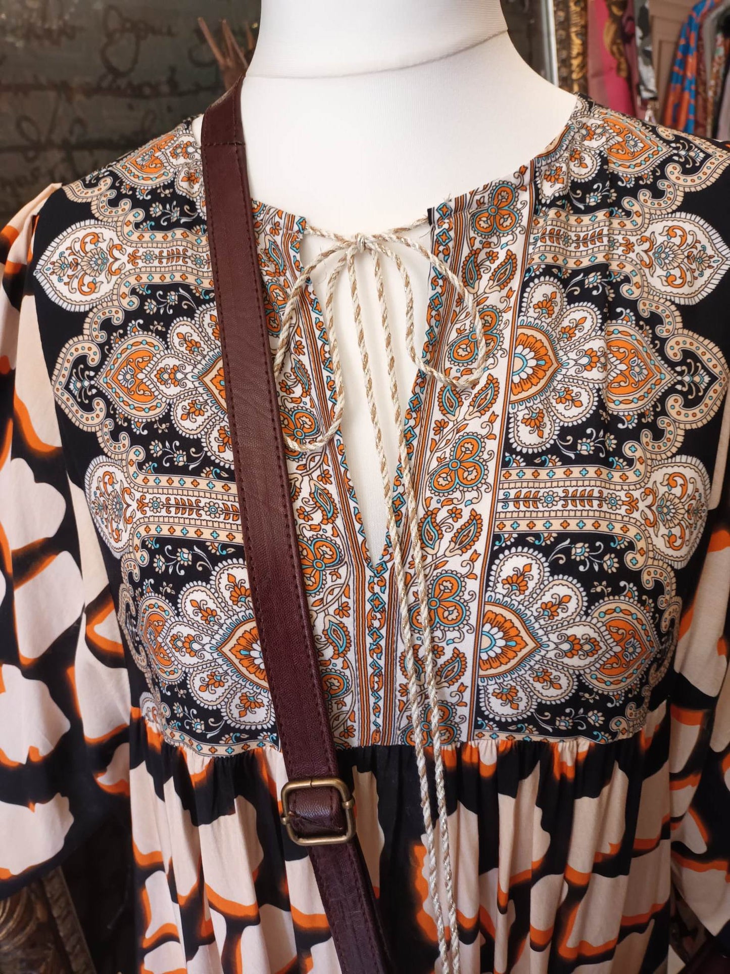 'WEEKENDER' FESTIVAL PRINT BALLOON SLEEVE DRESS WITH CONTRASTING PATTERN BODICE (BLACK, ORANGE, CREAM)