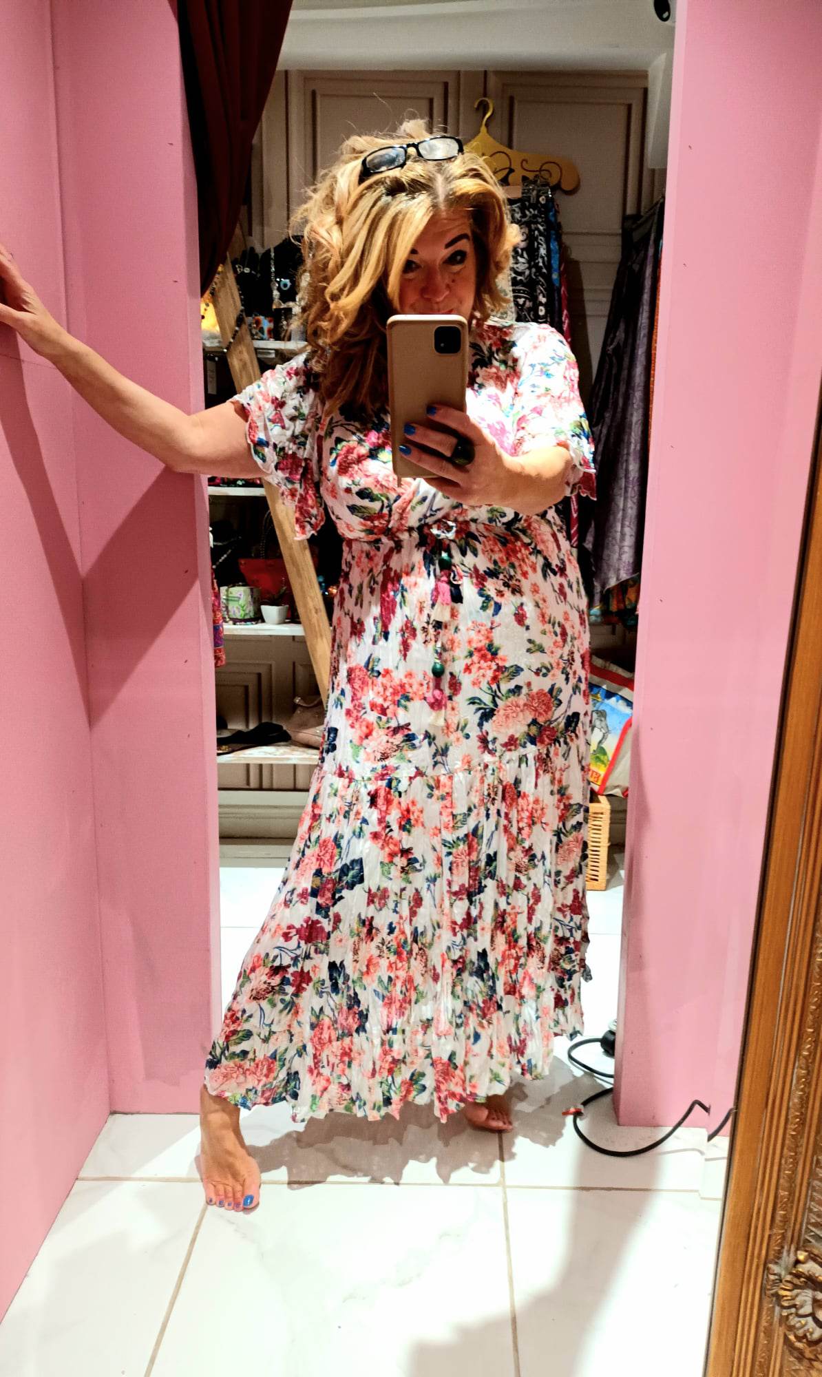 'ELEANOR' FLORAL ANGEL SLEEVE SWISHY HEM MIDI DRESS WHITE/RAINBOW COLOURS