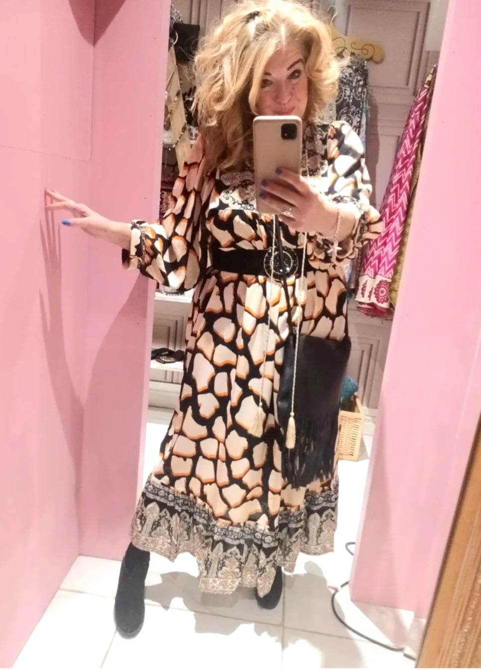 'WEEKENDER' FESTIVAL PRINT BALLOON SLEEVE DRESS WITH CONTRASTING PATTERN BODICE (BLACK, ORANGE, CREAM)
