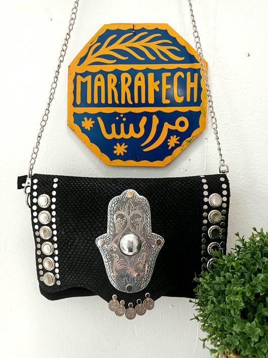 'LAYLA' MARRAKECH COLLECTION SUEDE TEXTURED FRONT STUDDED HAMZA HAND BAG IN BLACK