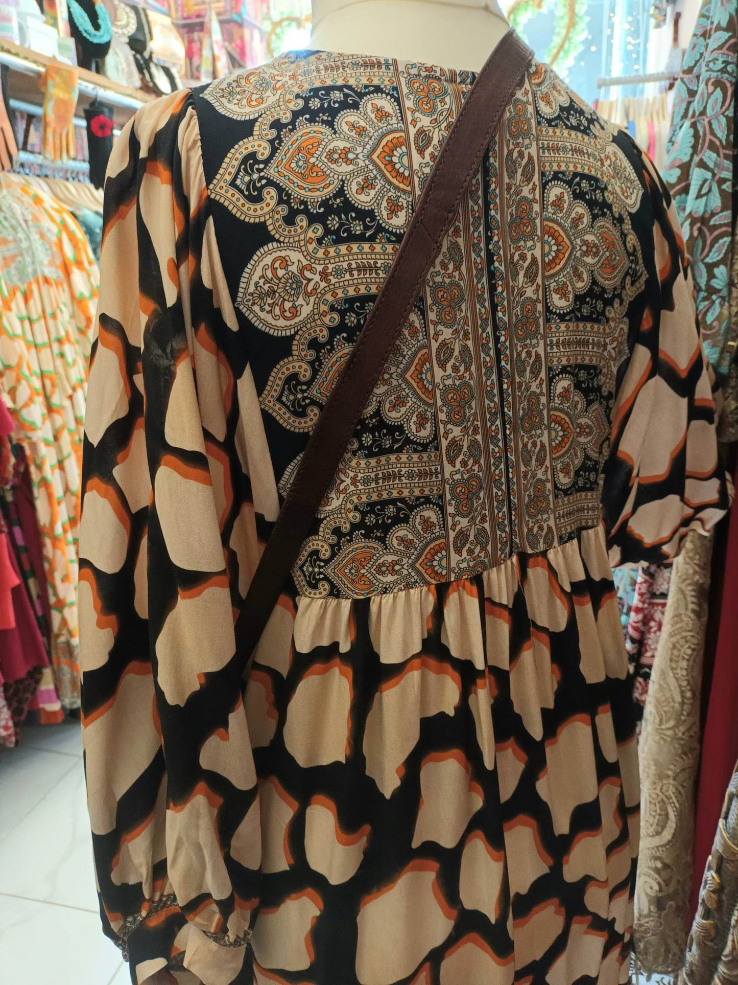 'WEEKENDER' FESTIVAL PRINT BALLOON SLEEVE DRESS WITH CONTRASTING PATTERN BODICE (BLACK, ORANGE, CREAM)