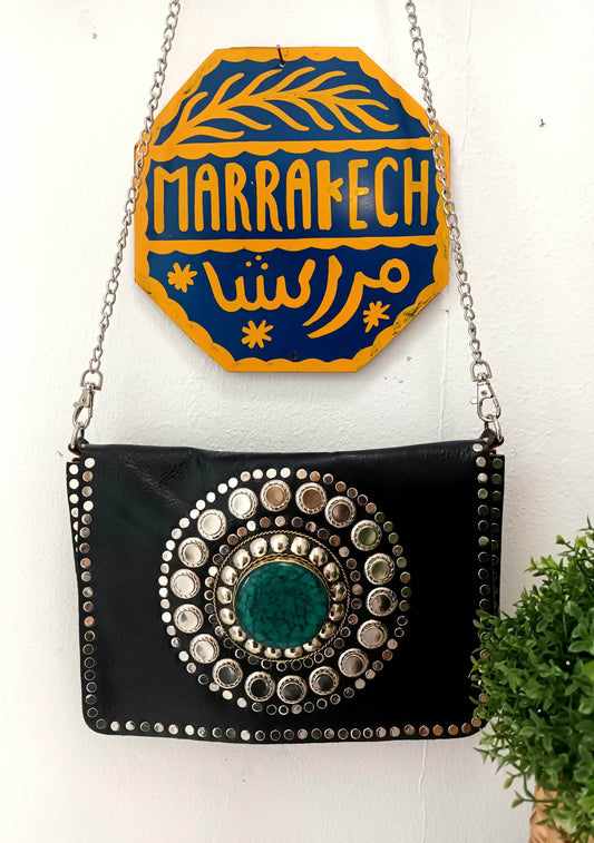 'SALMA' MARRAKECH COLLECTION 100% LEATHER STUDDED AQUAMARINE STONE FRONT BAG