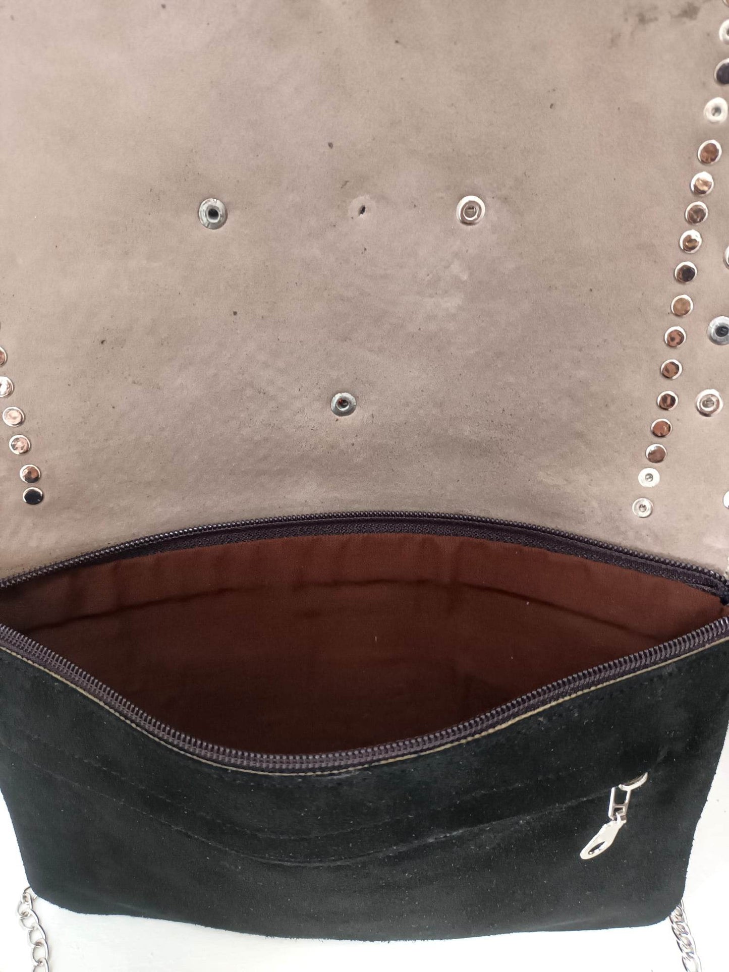 'LAYLA' MARRAKECH COLLECTION SUEDE TEXTURED FRONT STUDDED HAMZA HAND BAG IN BLACK