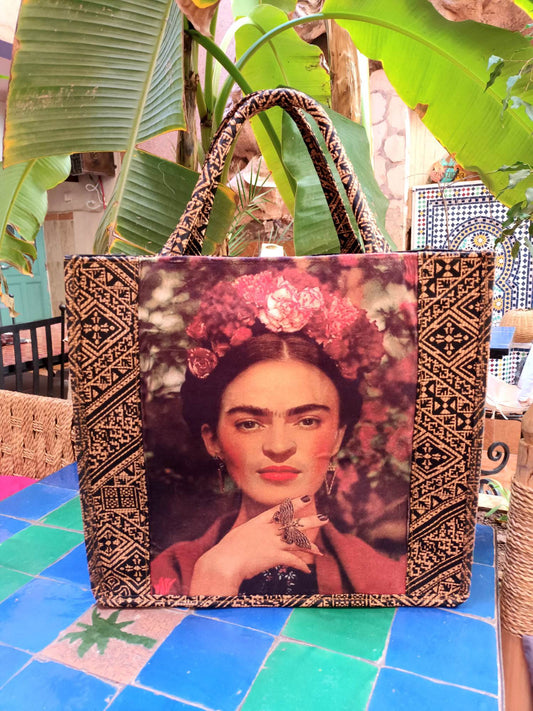 'TAPESTRY FRIDA' MARRAKECH COLLECTION TOTE STYLE BAG. HANDMADE & FULLY LINED WITH LEATHER STRAP