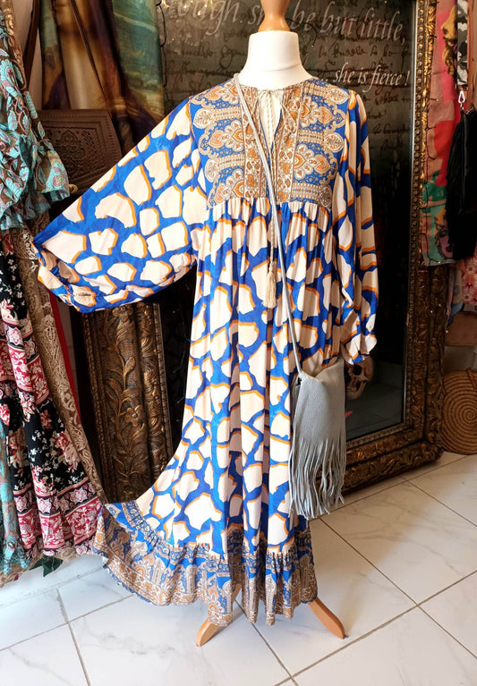 'WEEKENDER' FESTIVAL PRINT BALLOON SLEEVE DRESS WITH CONTRASTING PATTERN BODICE (COBALT BLUE/ORANGE)
