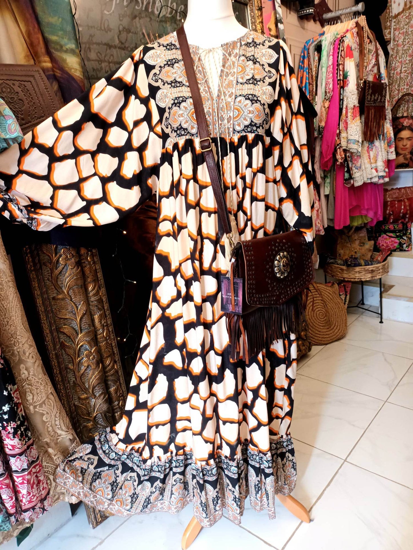 'WEEKENDER' FESTIVAL PRINT BALLOON SLEEVE DRESS WITH CONTRASTING PATTERN BODICE (BLACK, ORANGE, CREAM)