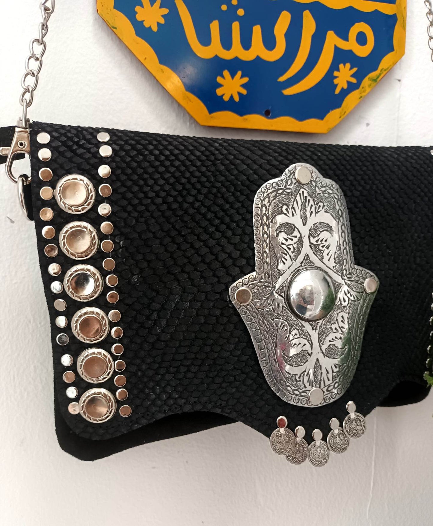 'LAYLA' MARRAKECH COLLECTION SUEDE TEXTURED FRONT STUDDED HAMZA HAND BAG IN BLACK