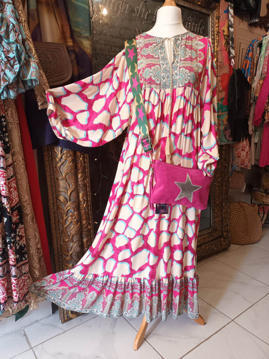'WEEKENDER' FESTIVAL PRINT BALLOON SLEEVE DRESS WITH CONTRASTING PATTERN BODICE (CERISE PINK & PALE BLUE)