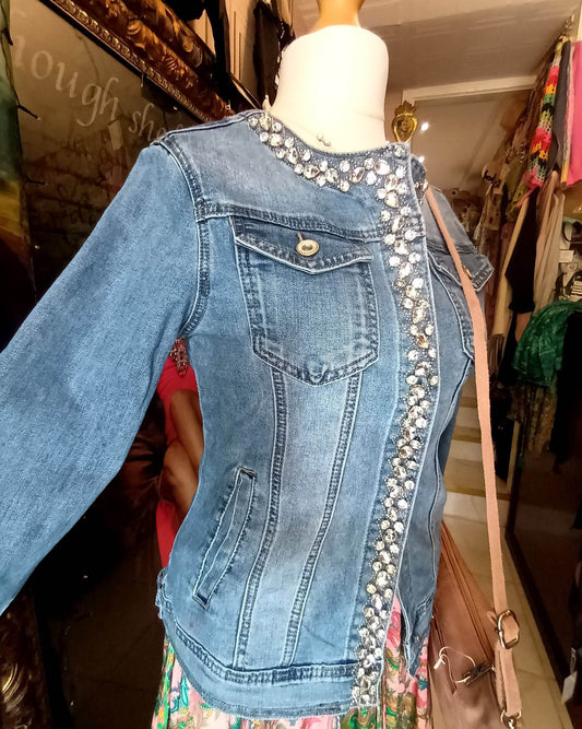 'KRYSTIE' BEAUTIFUL & BOHO STRETCH FADED DENIM JACKET WITH STUNNING DIAMANTE DETAIL