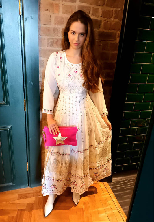 'ZAHARA PURITY' FABULOUSLY EMBELLISHED CHIFFON BOHEMIAN DRESS IN WHITE