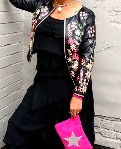 'FRIDA'S GARDEN' BRIGHT FLORAL EMBROIDERED FAUX LEATHER BIKER JACKET