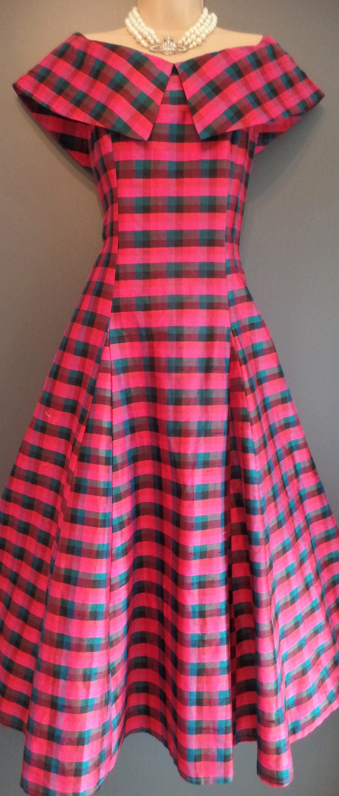 Monsoon Vintage Size 12 Luxurious Silk Gingham Jewel Coloured 50's Style Dress