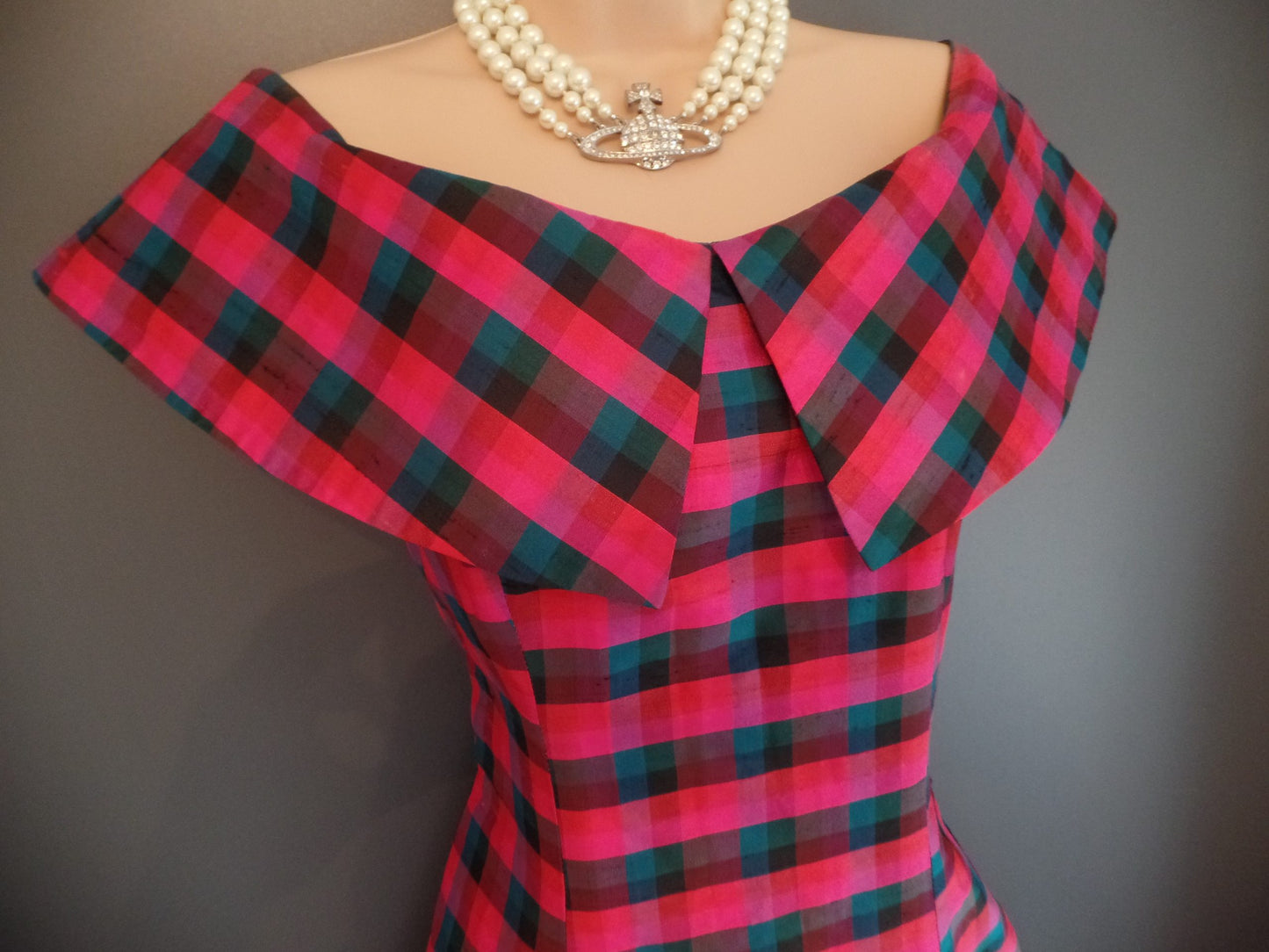 Monsoon Vintage Size 12 Luxurious Silk Gingham Jewel Coloured 50's Style Dress