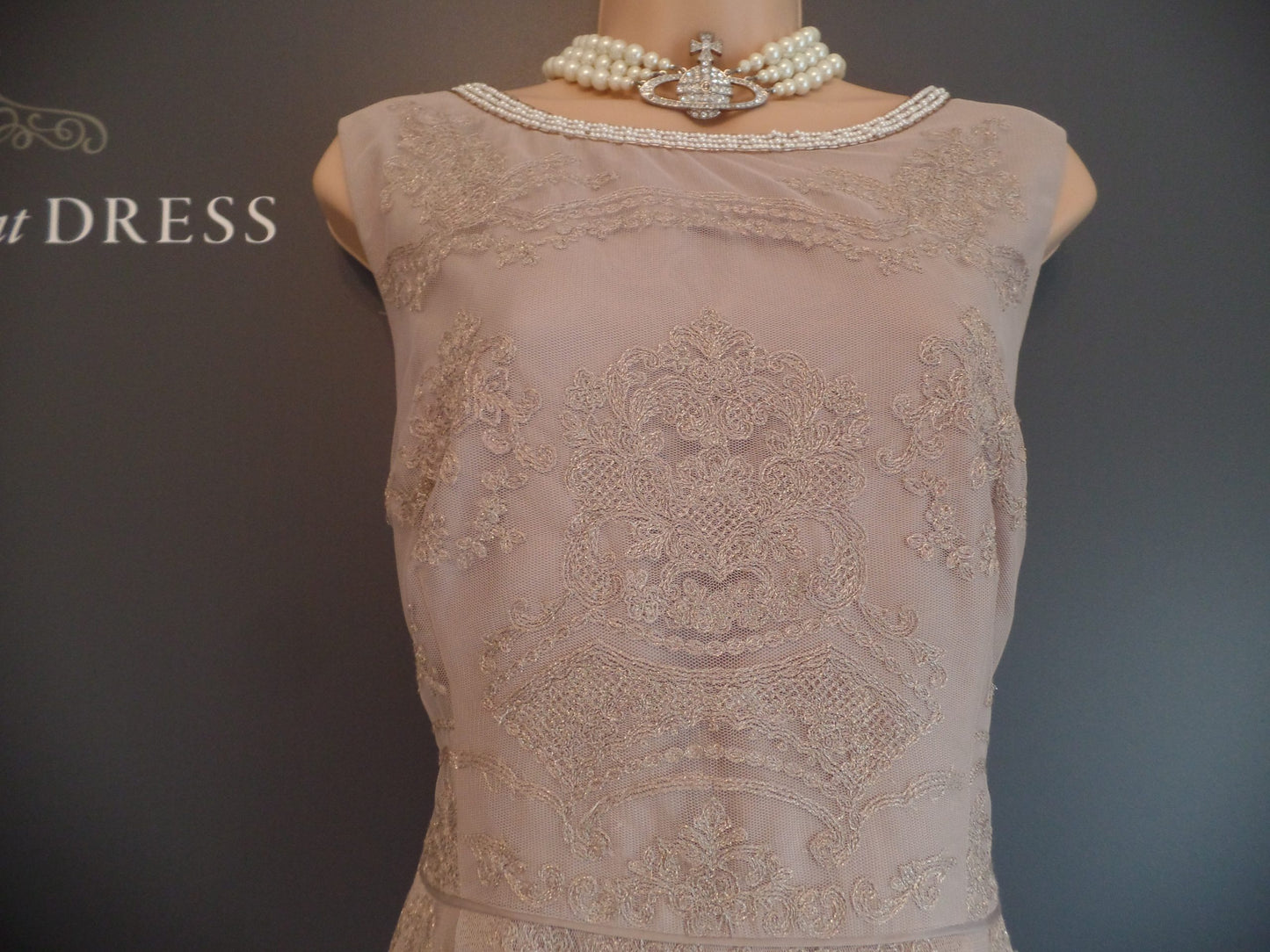 Monsoon Size 18 Nude Embroidered Lace Pearl Embellished Lace Dress