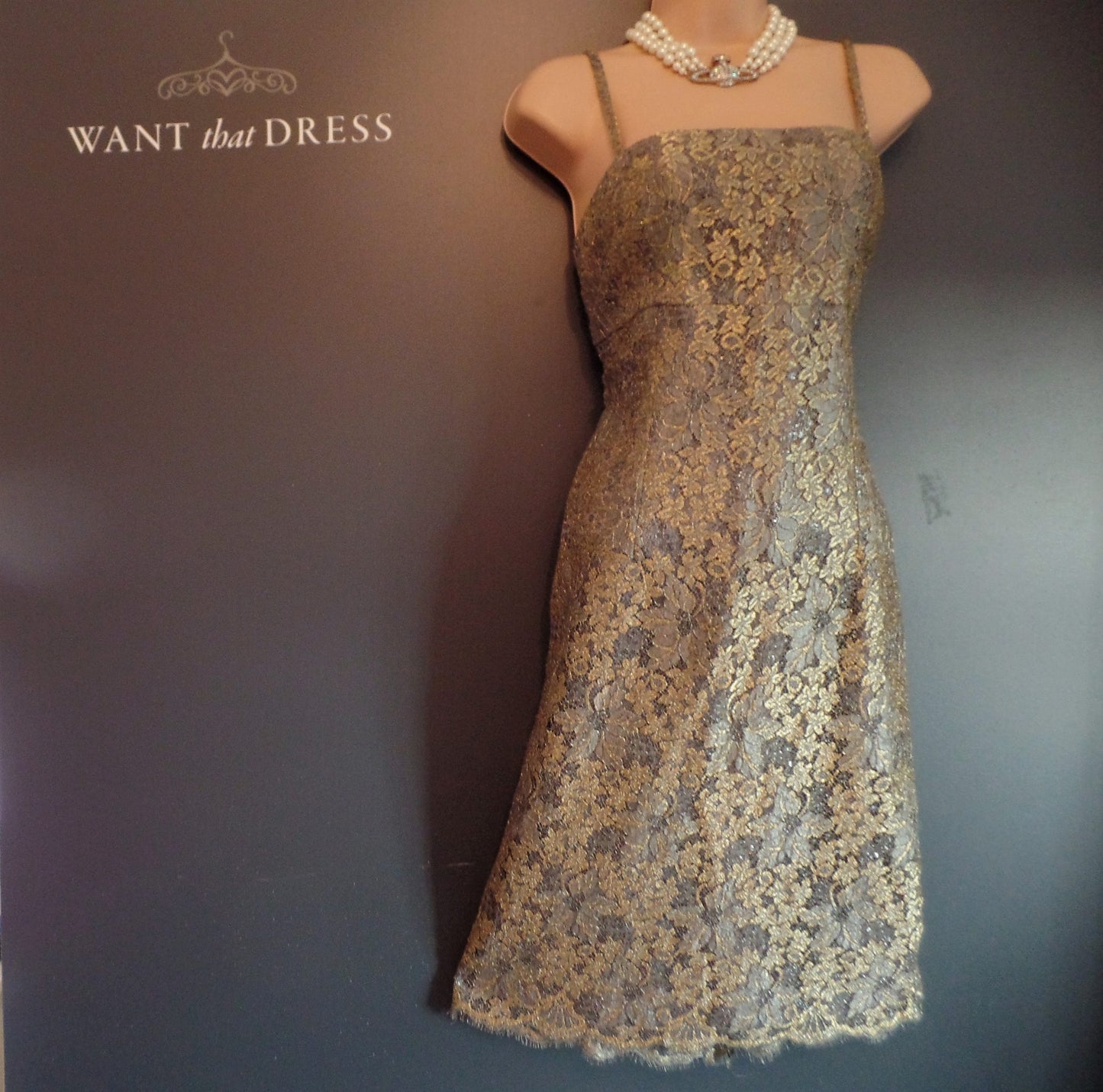 Monsoon Size 14 Shimmery Gold Lace Classic Sheath/Shift Dress