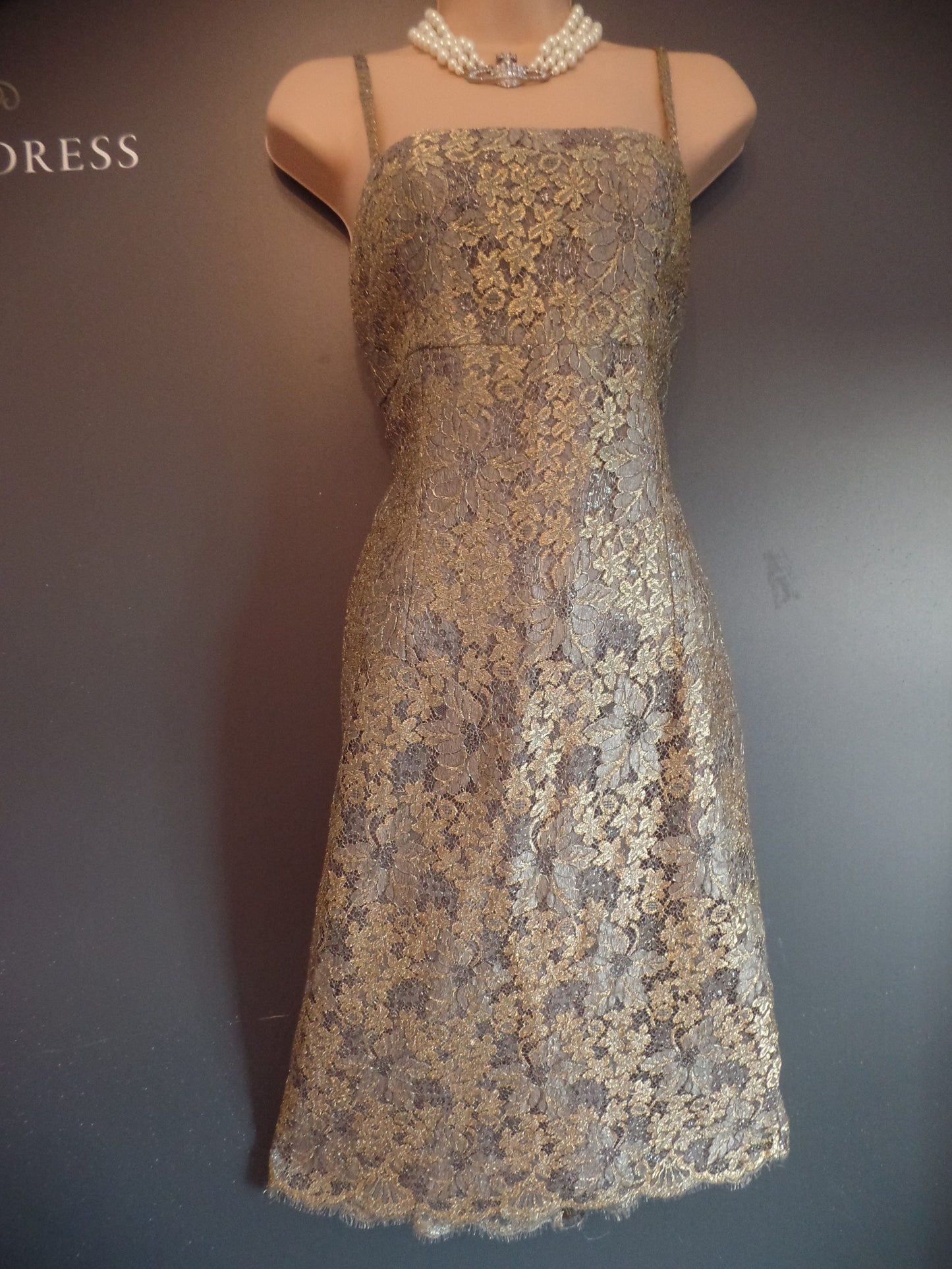 Monsoon Size 14 Shimmery Gold Lace Classic Sheath/Shift Dress