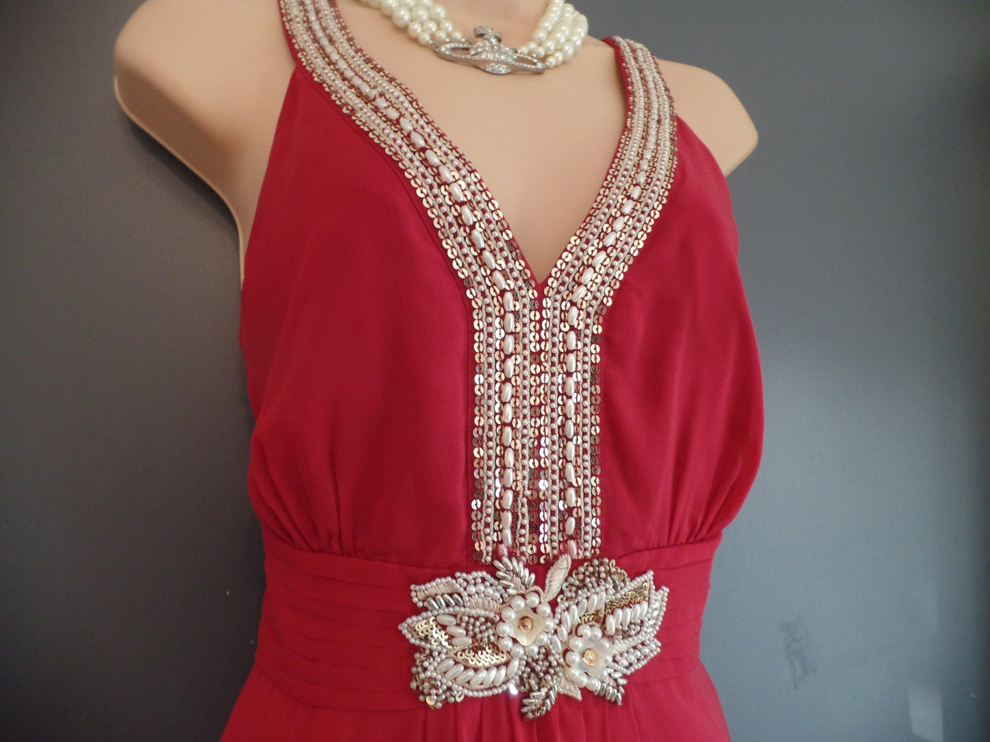 Monsoon Size 12 Beautiful Berry Chiffon Richly Beaded Sumptuous Swishy Hem Dress RRP £160!