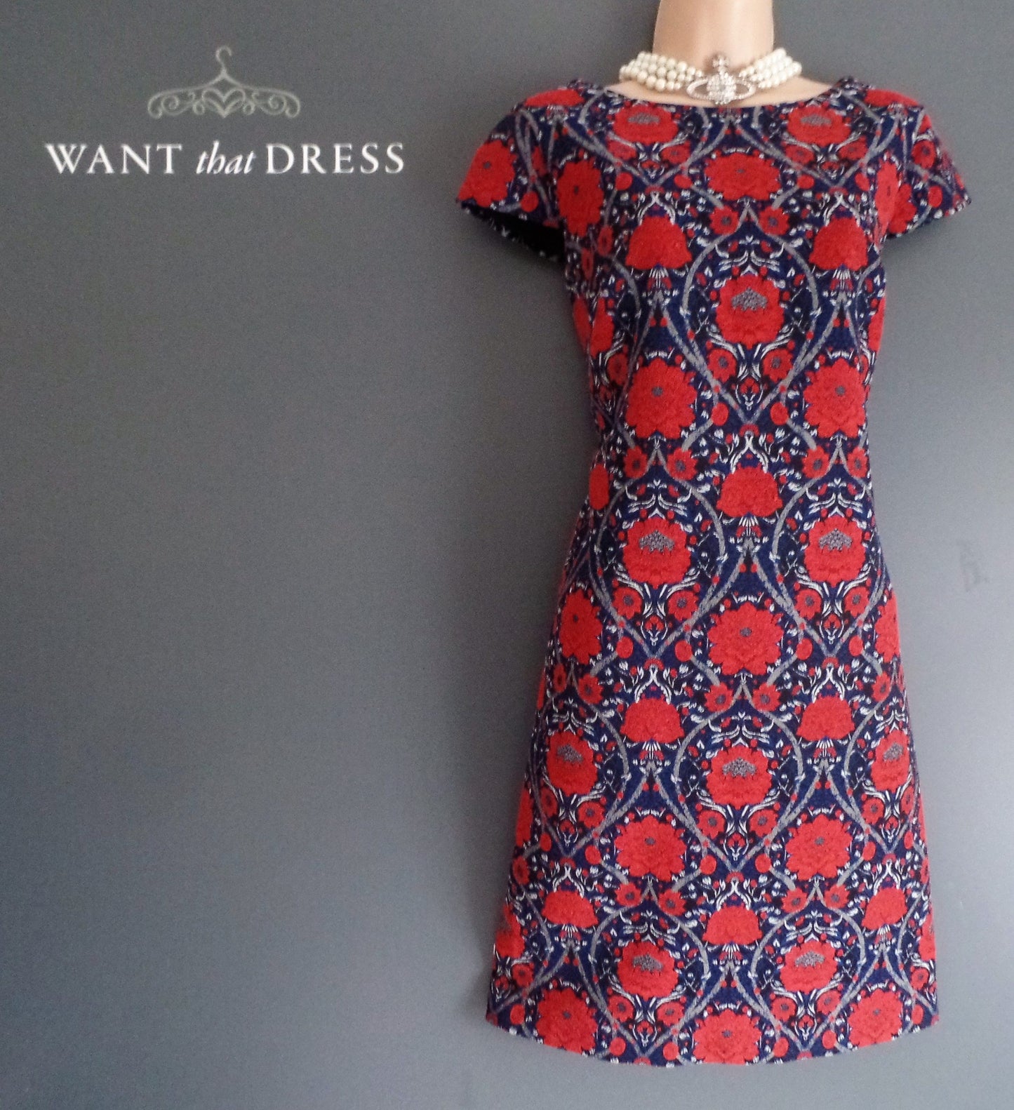 Monsoon Size 12 Adorable Festive Red and Navy Brocade Deco Poppy Dress