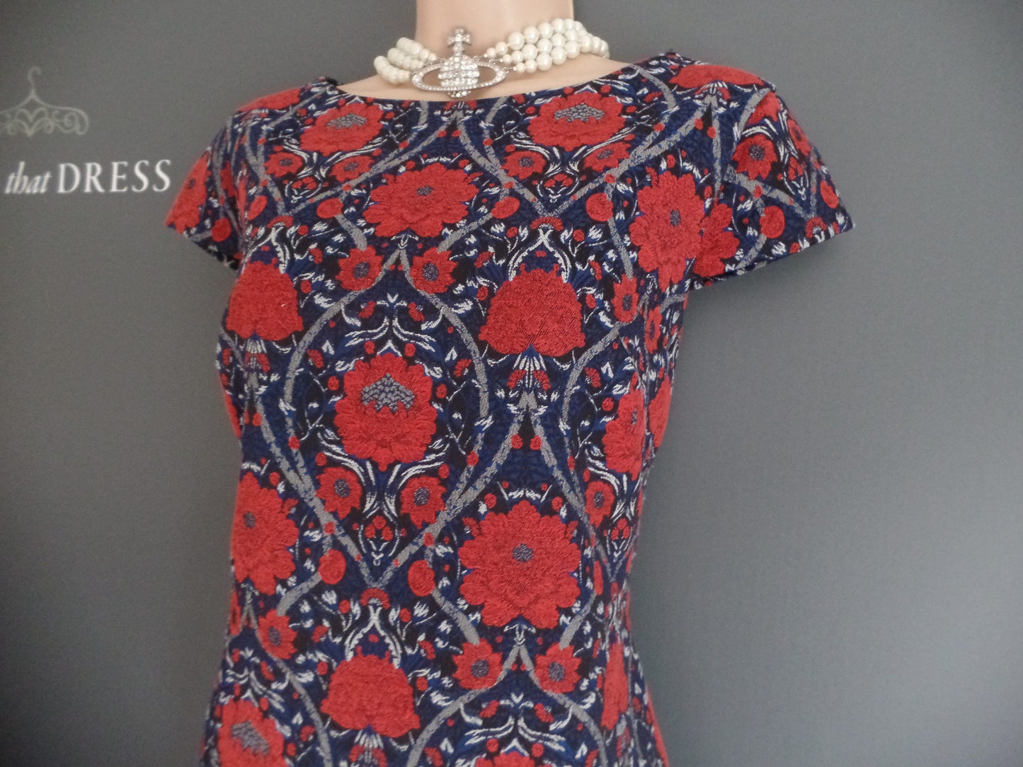 Monsoon Size 12 Adorable Festive Red and Navy Brocade Deco Poppy Dress