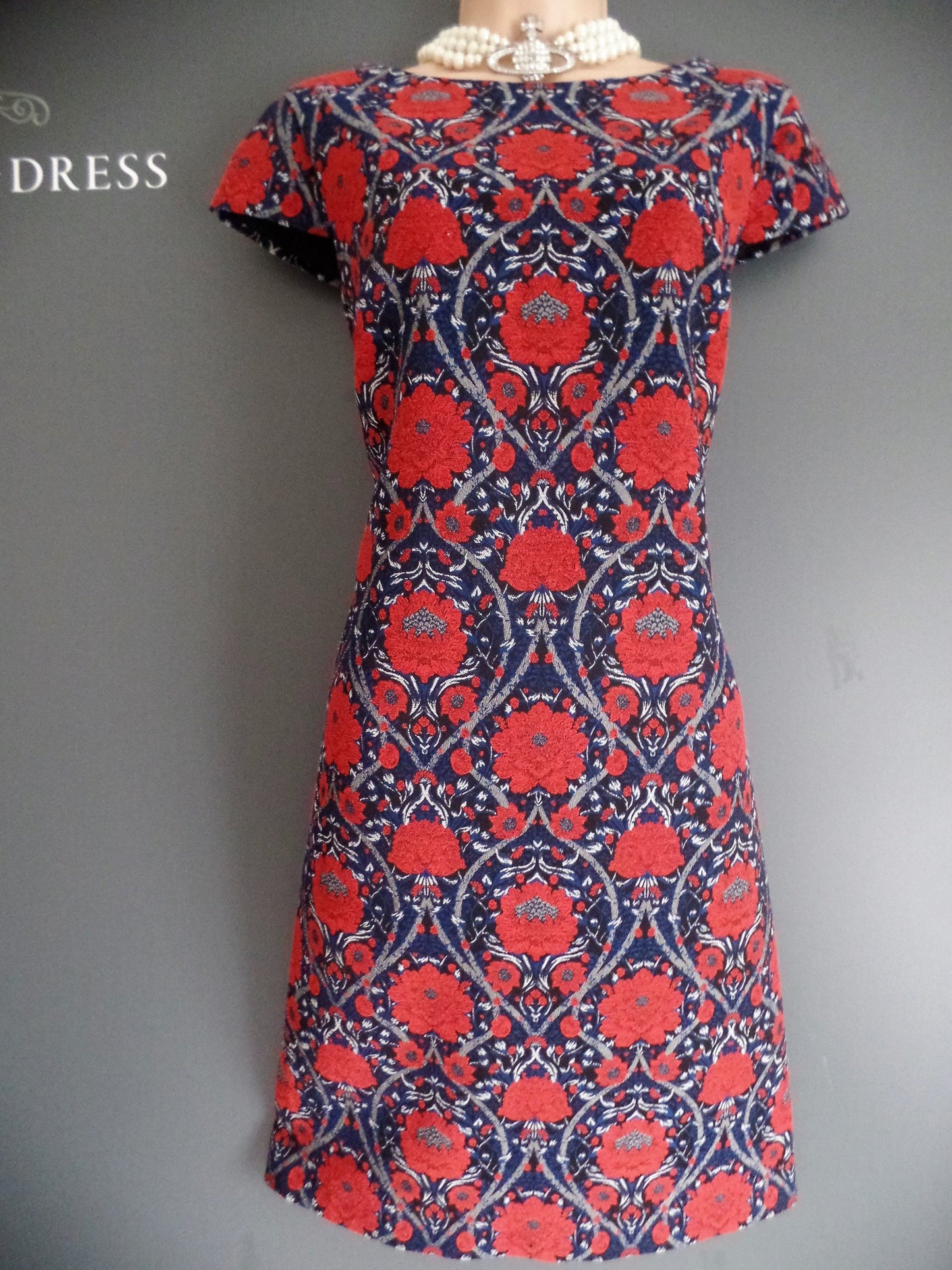 Monsoon Size 12 Adorable Festive Red and Navy Brocade Deco Poppy Dress