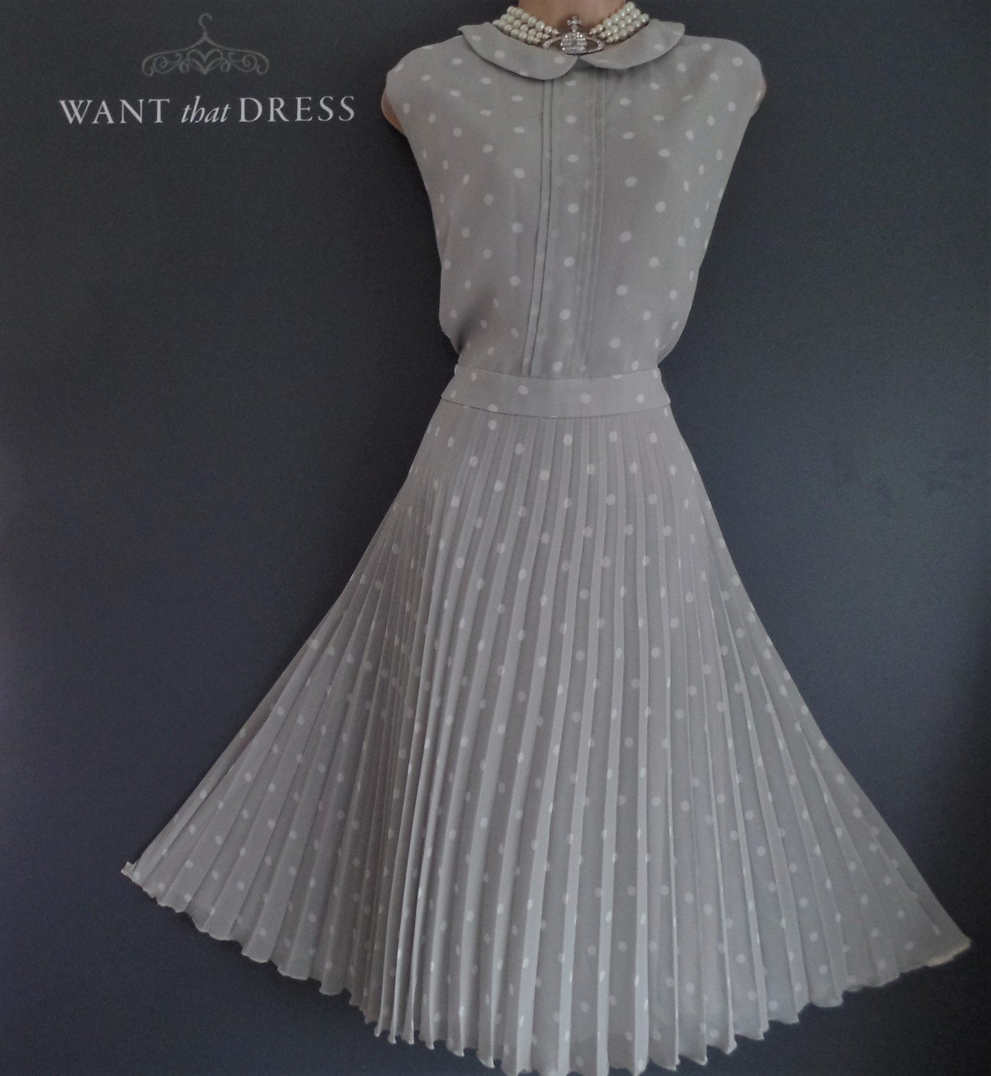 Laura Ashley Size 18 Floaty Dove Grey Polka Dot Spot Pleated Dress